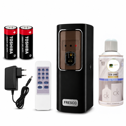 Black Automatic Air Freshener Dispenser with Remote, Adapter & Refill – Dual Power Spray Machine