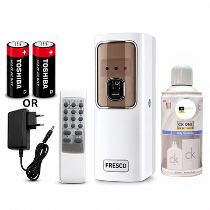 White Automatic Air Freshener Dispenser with Remote, Adapter & Refill – Dual Power Spray Machine
